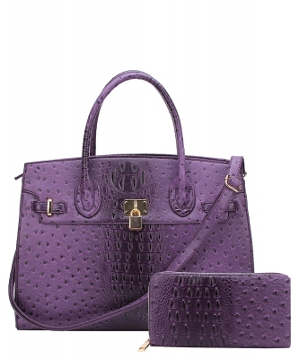 Ostrich Croc Padlock 2n1 Satchel Faux leather OS1096W PURPLE